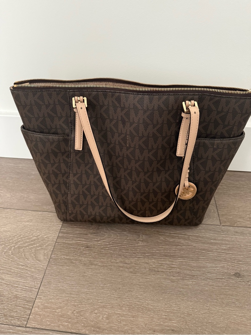 Michael Kors Brown MK Monogram Tote with Beige Handles